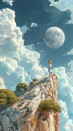 Illustrate a scene where the protagonist journeys through diverse landscapes, reminiscent of 'The Little Prince,' capturing their whimsical exploration --ar 9:16