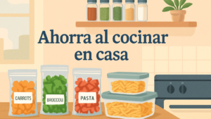 cocina organizada con ingredientes prepicados y tuppers etiquetados para ahorrar tiempo y dinero