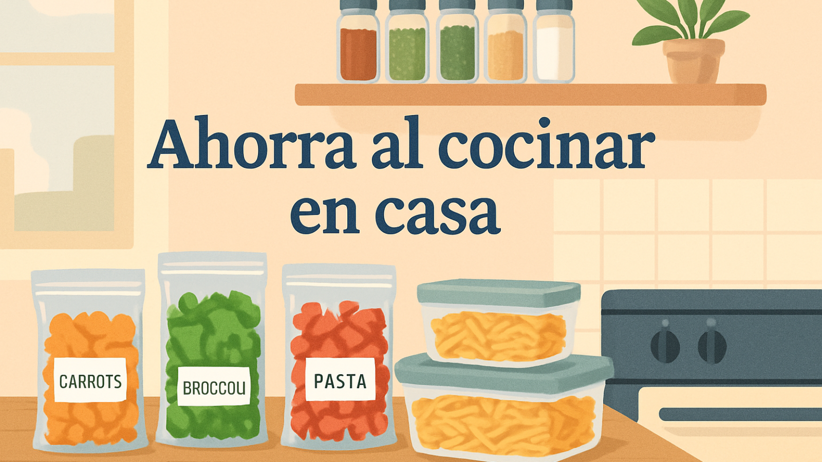 cocina organizada con ingredientes prepicados y tuppers etiquetados para ahorrar tiempo y dinero