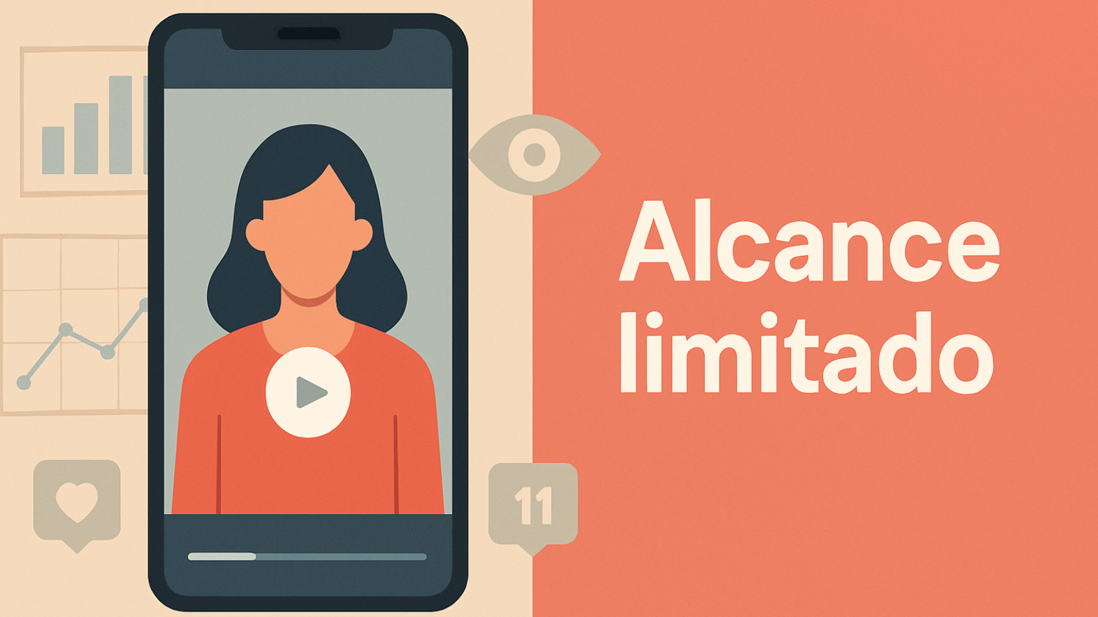 Ilustración de un vídeo de Facebook en móvil con barras laterales y aviso de alcance limitado