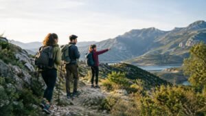 Amigos en una ruta al aire libre preparándose para grabar una historia en video