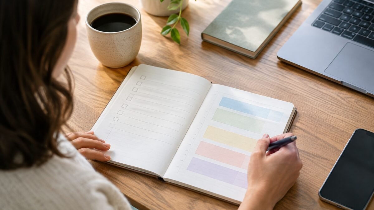 Persona planificando su jornada con una lista de tareas y bloques de tiempo en una agenda
