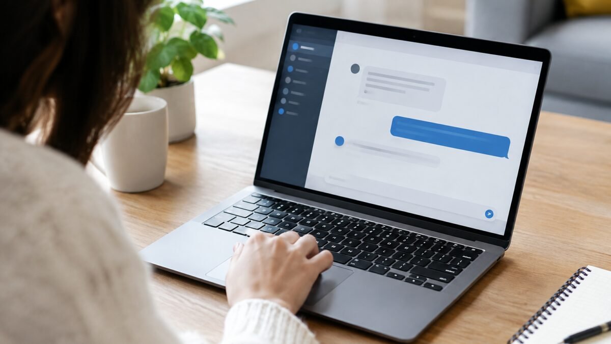 Persona escribiendo una pregunta en una interfaz de chat desde una computadora portátil