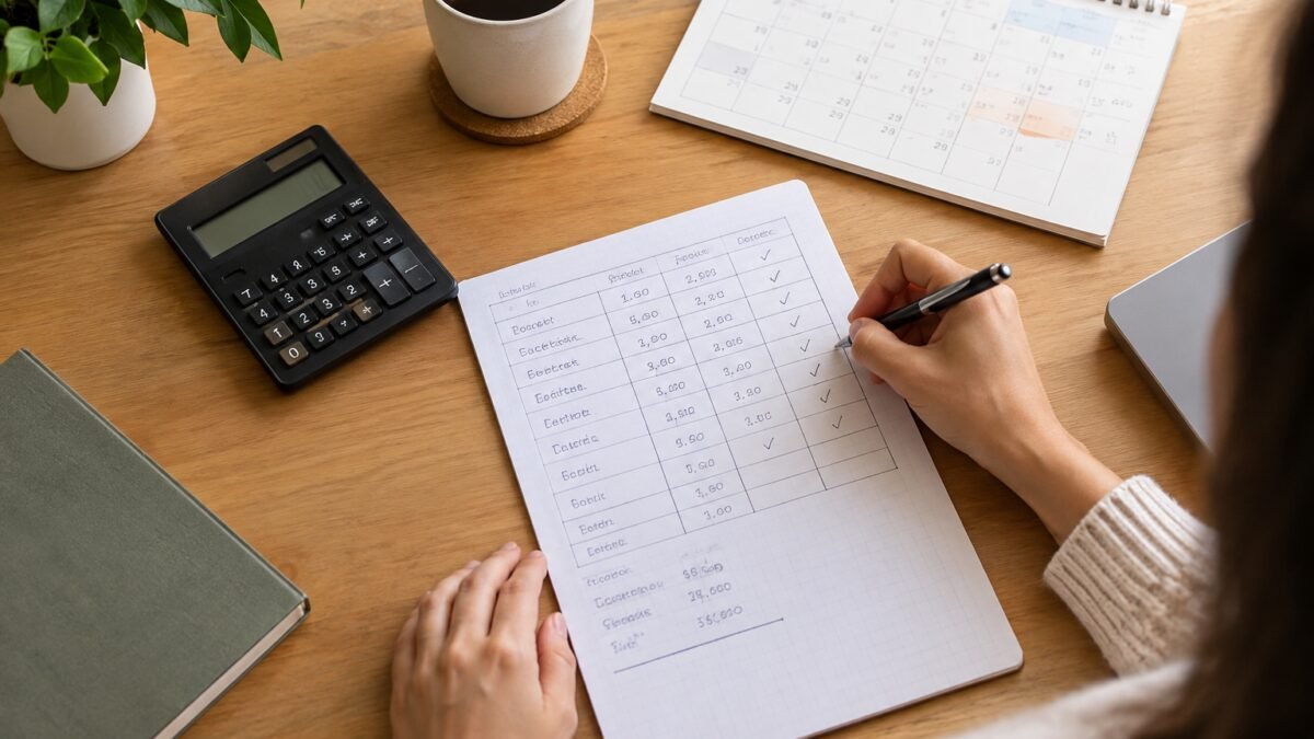 Persona organizando sus deudas y un plan de pagos en un escritorio
