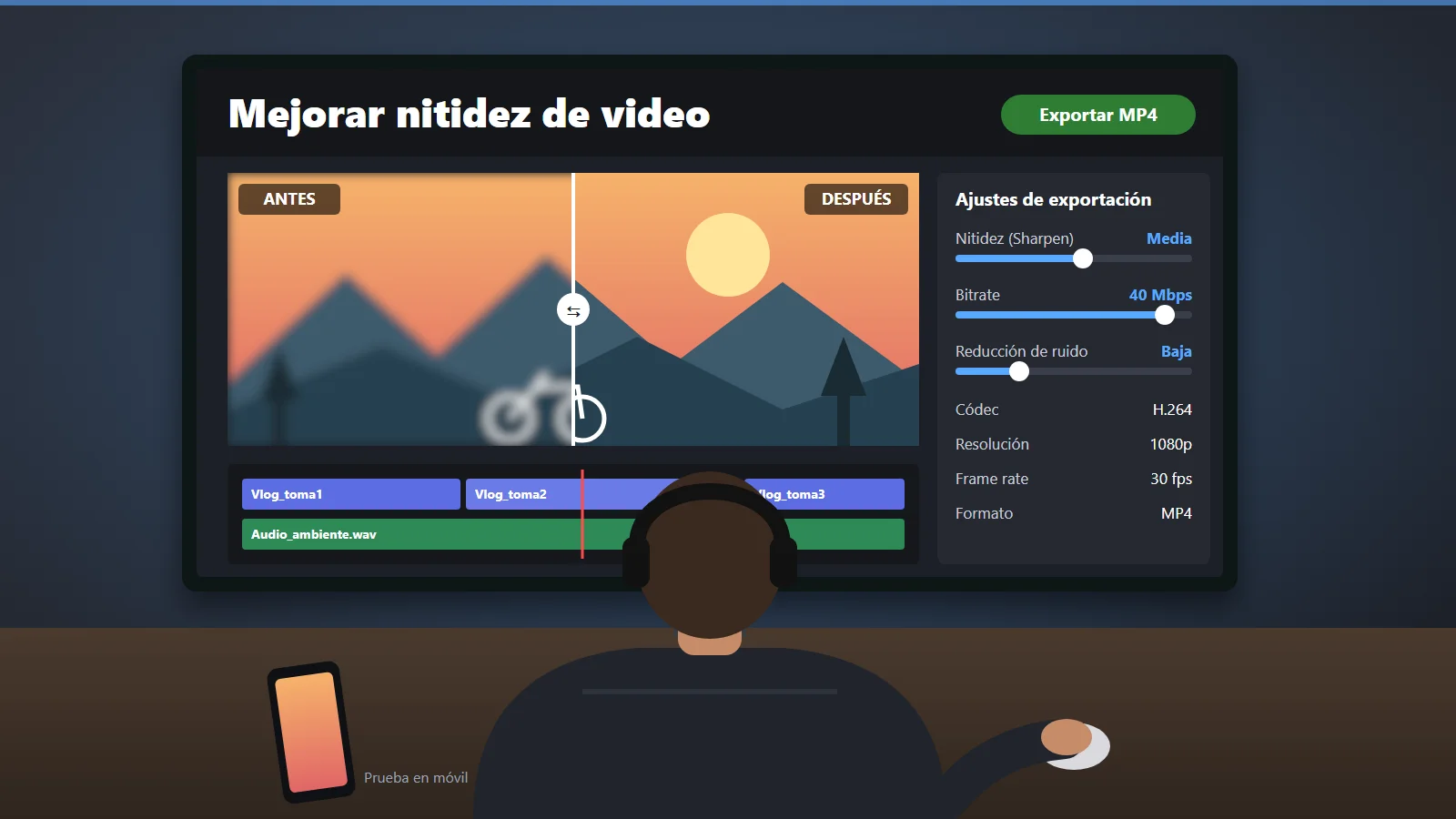 Editor de video ajustando nitidez y bitrate en un monitor con interfaz de edición
